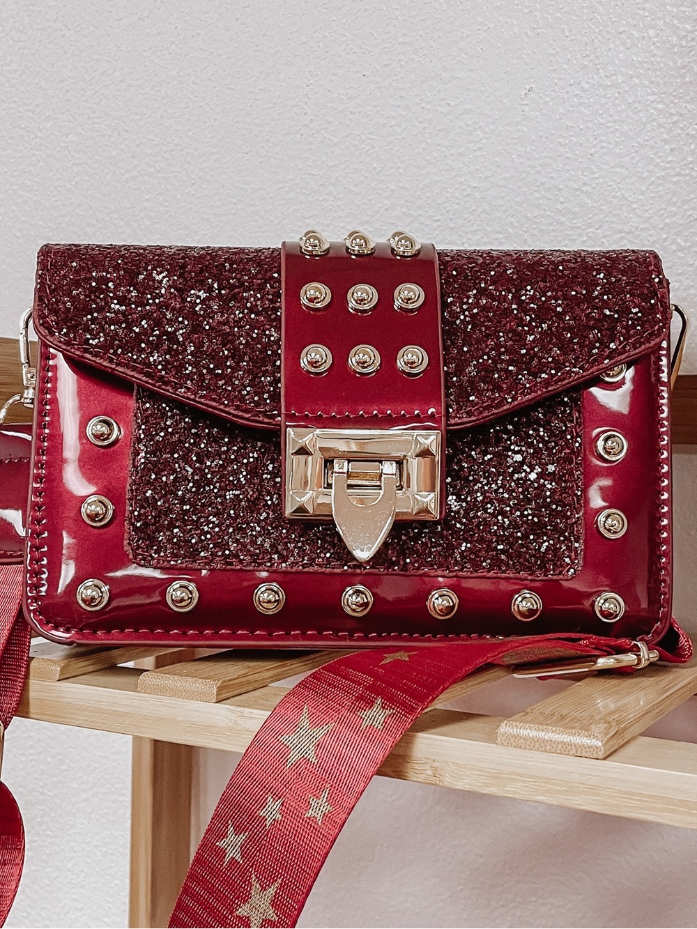 Red Studded Glitter Crossbody Bag